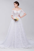 White Lace Off The Shoulder Short Sleeve Corset Wedding Dresses