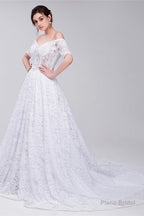 White Lace Off The Shoulder Short Sleeve Corset Wedding Dresses