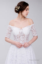 White Lace Off The Shoulder Short Sleeve Corset Wedding Dresses