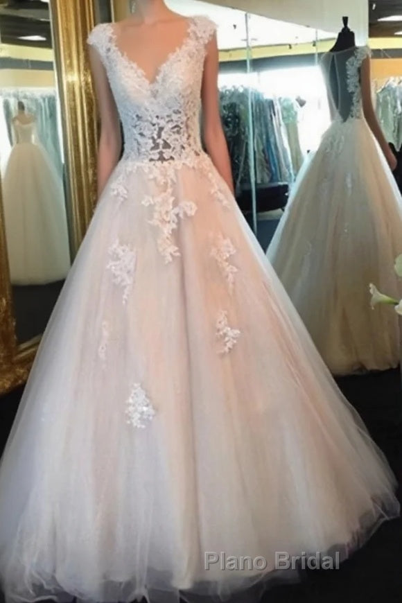 White Lace Formal Prom Gown, A-Line Tulle See Through Formal Prom Dresses, Formal Dresses Main image