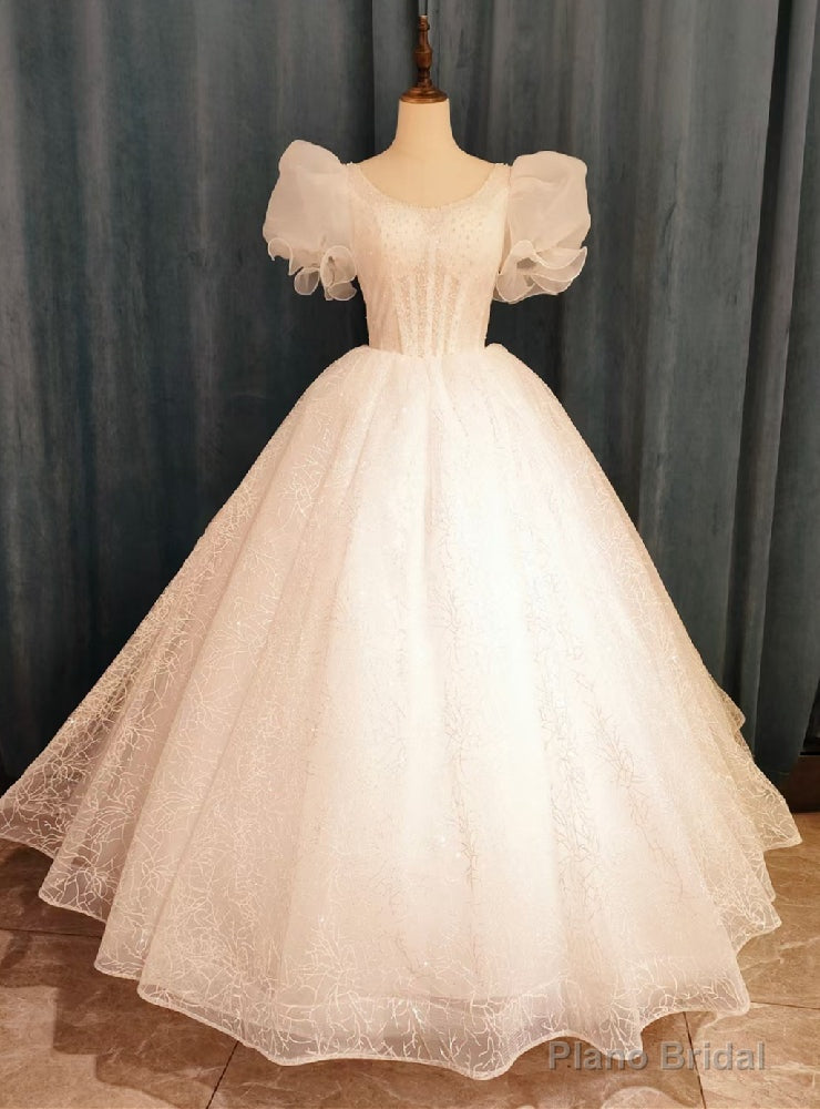 White Lace Puff Sleeve Pearls Wedding Dress Main image