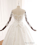 White Lace Satin Long Wedding Dress, Lace Satin Long Bridal Gown