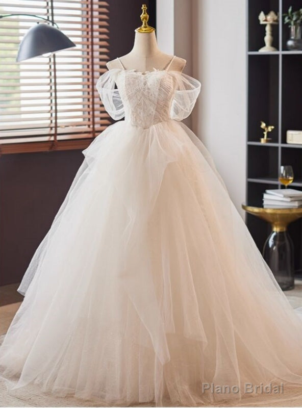 White Lace Tulle Spaghetti Straps Wedding Dress Main image