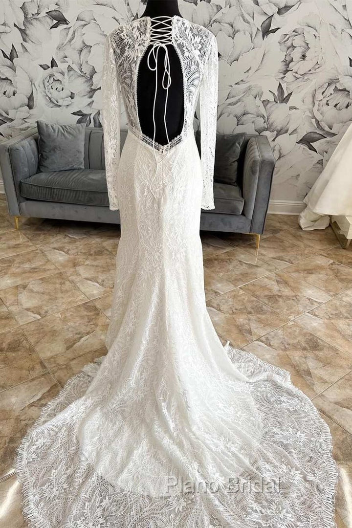 White Lace V-Neck Lace-Up Back Long Sleeve Mermaid Wedding Dresses Sexy Secondary image