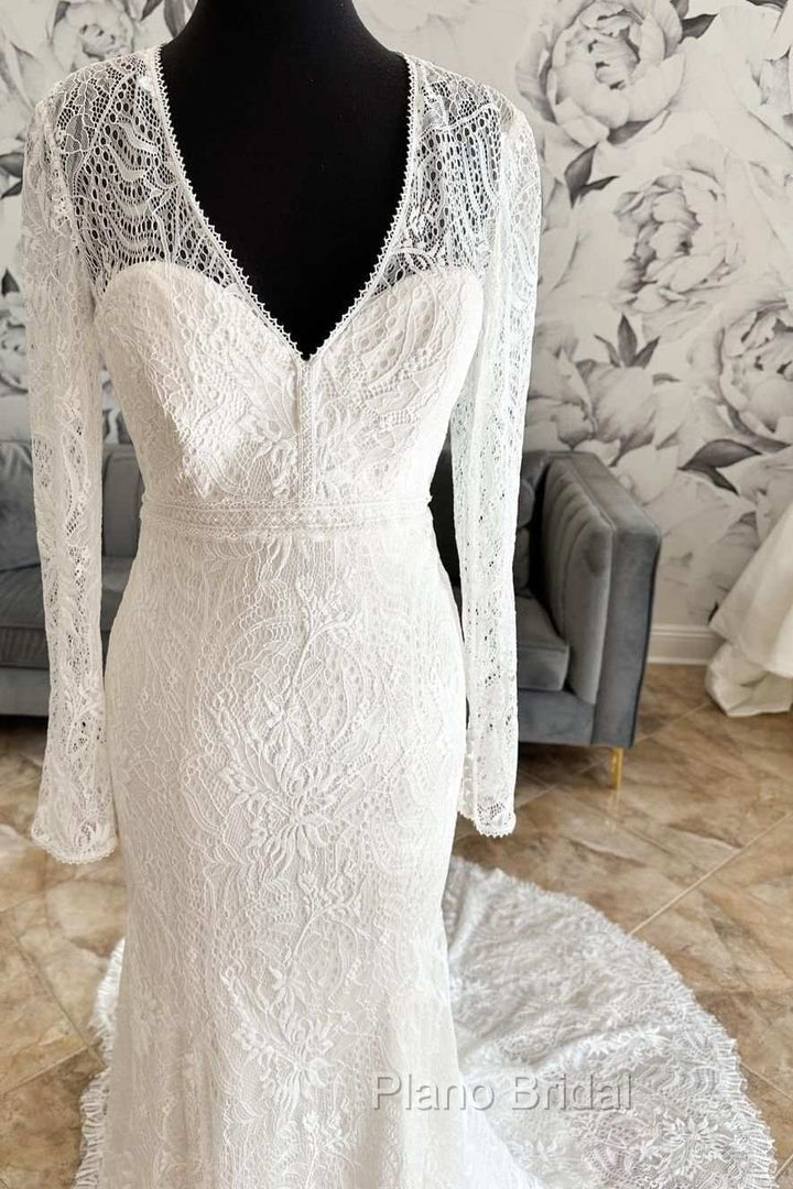White Lace V-Neck Lace-Up Back Long Sleeve Mermaid Wedding Dresses Sexy