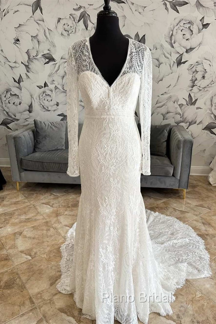 White Lace V-Neck Lace-Up Back Long Sleeve Mermaid Wedding Dresses Sexy