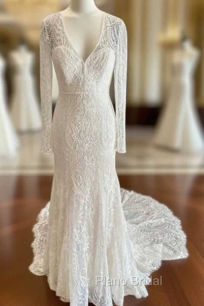 White Lace V-Neck Lace-Up Back Long Sleeve Mermaid Wedding Dresses Sexy Main image