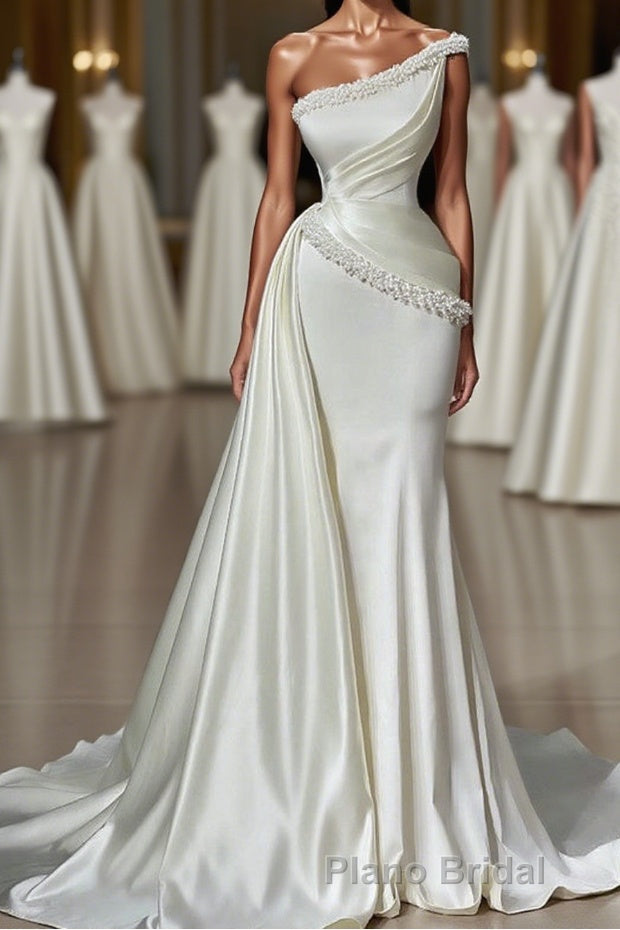 White Long Mermaid One Shoulder Satin Beads Formal Prom Dresses