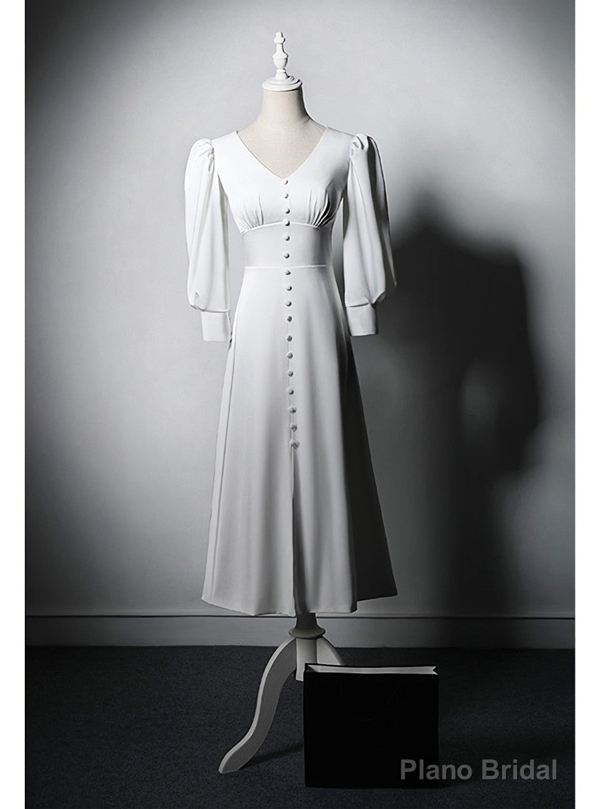 White Long Sleeve V-neck Button Wedding Dress Main image