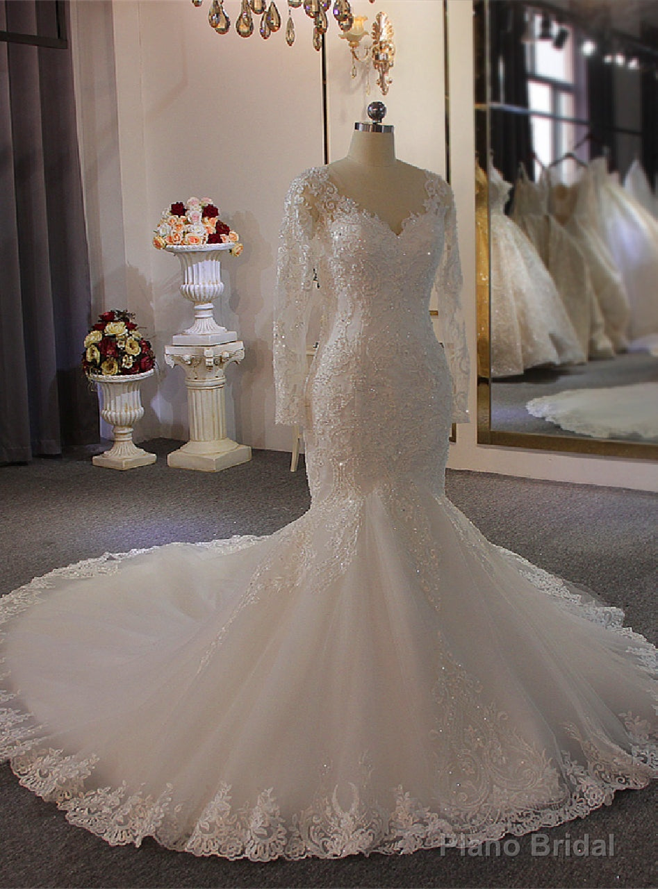 White Long Sleeve V-neck Pearls Wedding Dress Main image