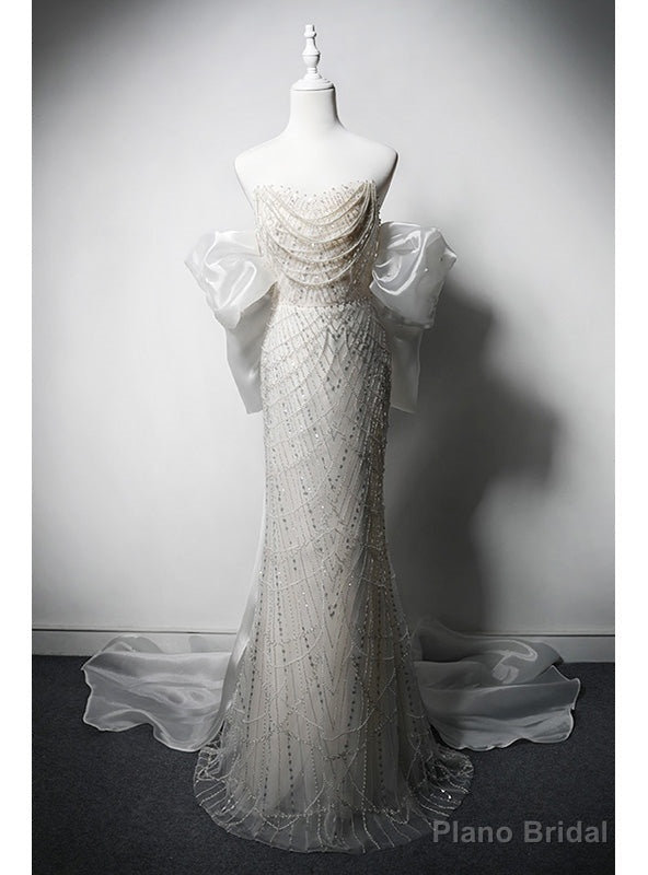 White Mermaid Beading Pearls Weeding Dress Main image