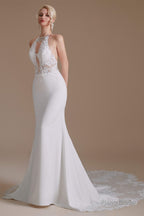 White Mermaid Halter Backless Sweep Train Wedding Dresses with Lace