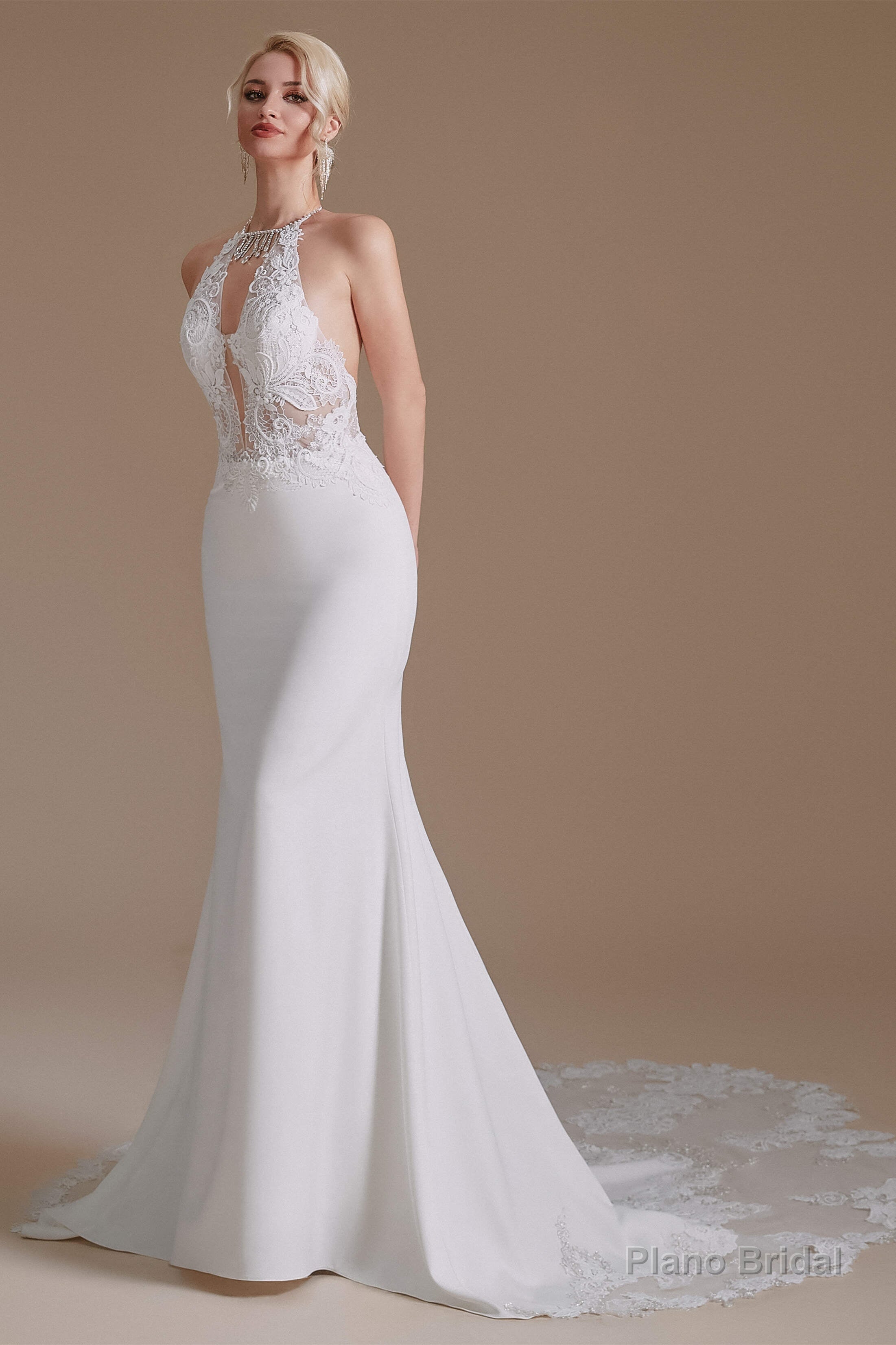 White Mermaid Halter Backless Sweep Train Wedding Dresses with Lace