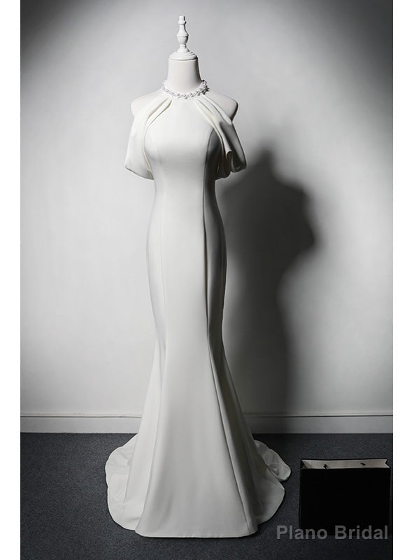 White Mermaid Halter Pearls Wedding Dress Main image