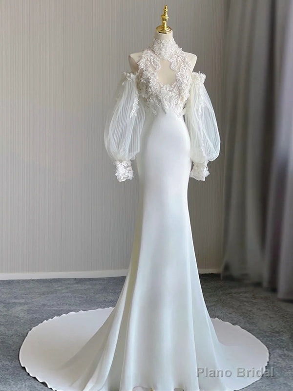 White Mermaid High Neck Appliques Wedding Dress Main image