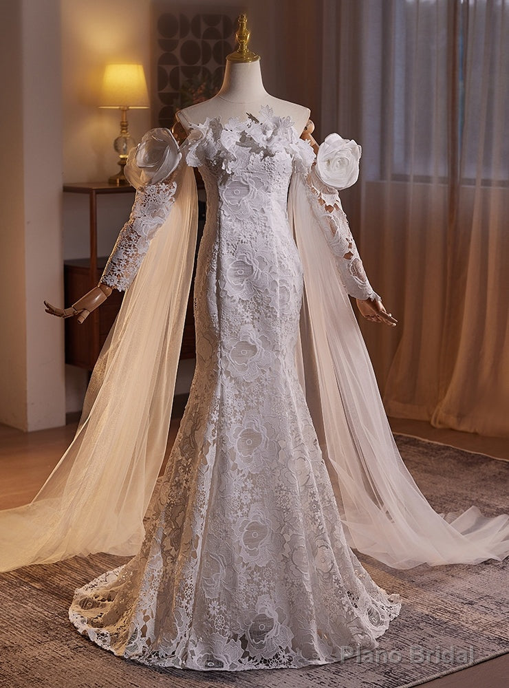 White Mermaid Lace Long Sleeve 3D Flower Wedding Dress Main image