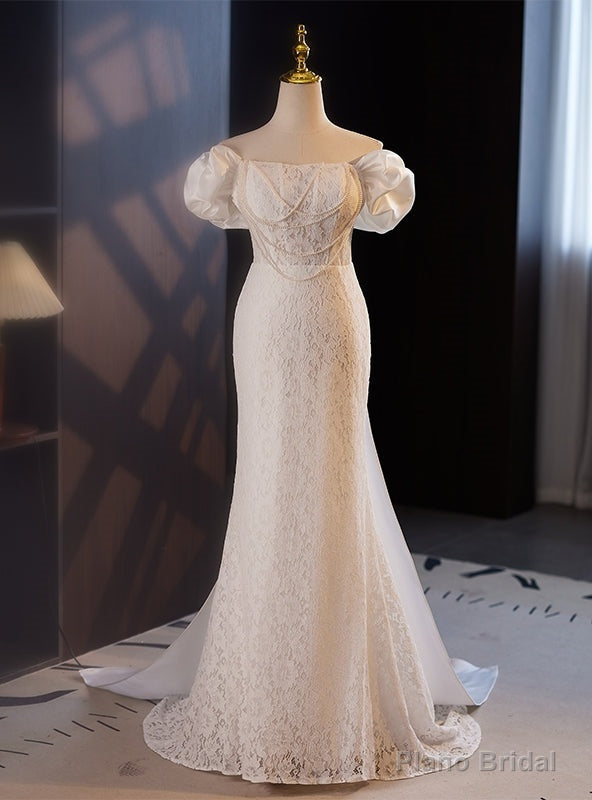 White Mermaid Lace Off the Shoulder Pearls Wedding Dress Main image