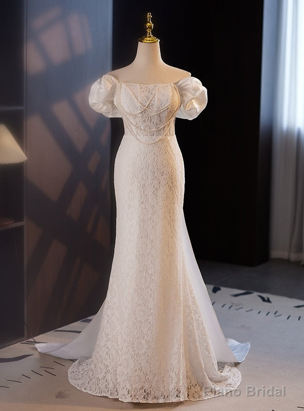 White Mermaid Lace Satin Off the Shoulder Wedding Dress Main image