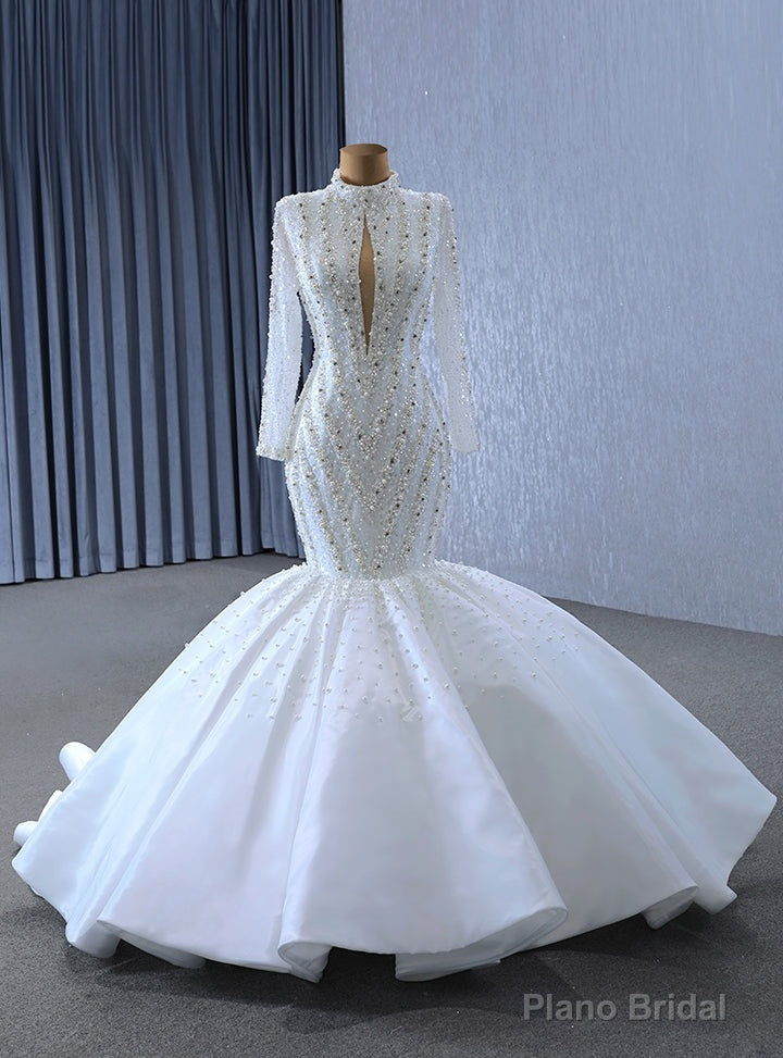 White Mermaid Long Sleeve Sequins Pearls Wedding Dresses Main image