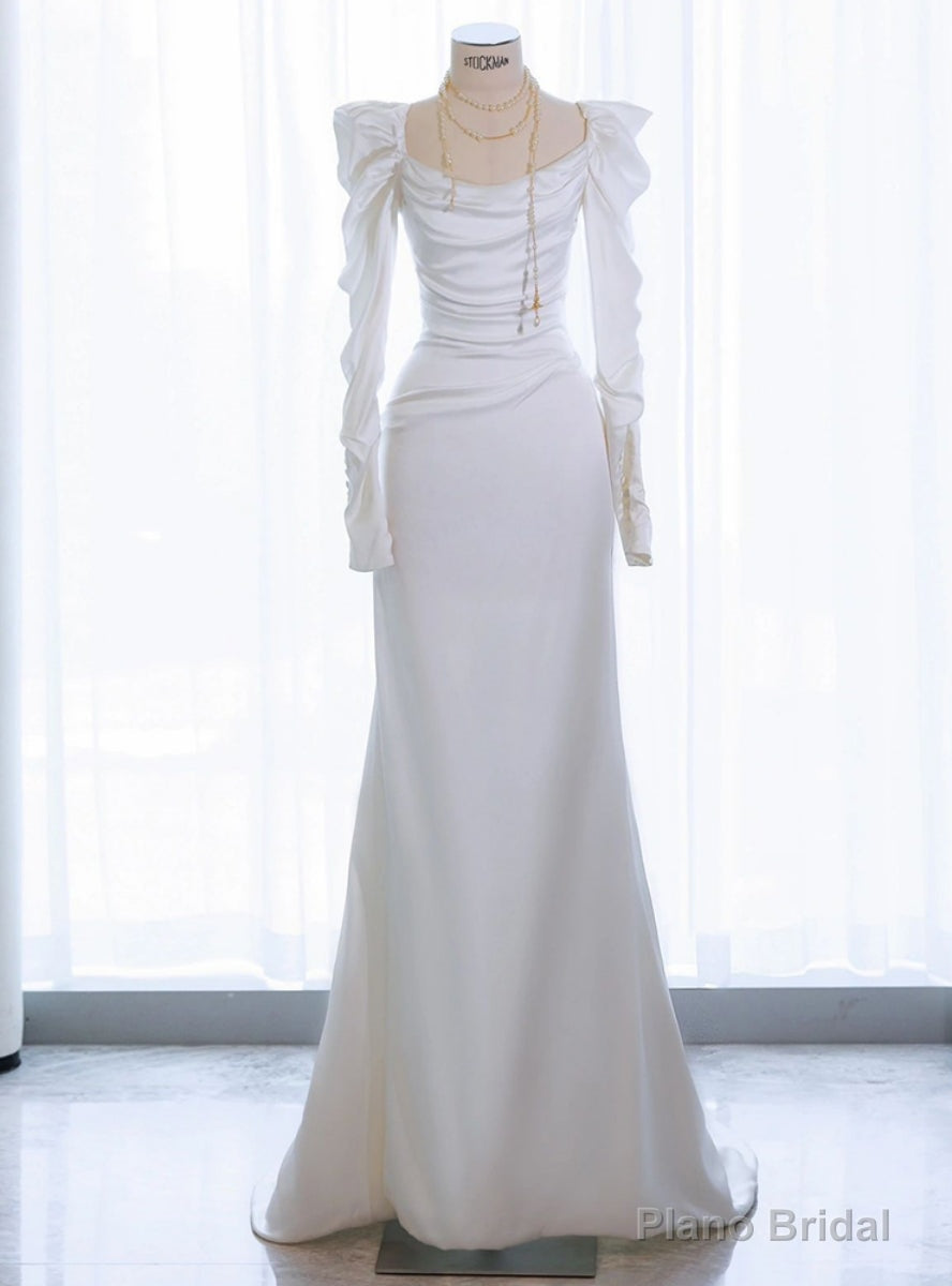 White Mermaid Long Sleeve Square Pleats Wedding Dress