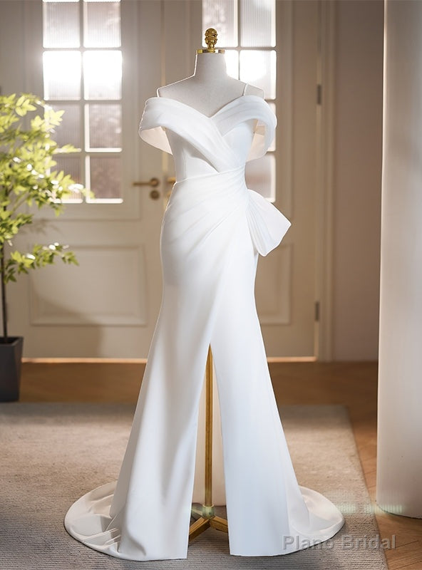 White Mermaid Off the Shoulder Pleats Wedding Dress Main image