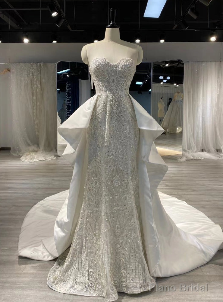 White Mermaid Satin Lace Sweetheart Wedding Dress Main image