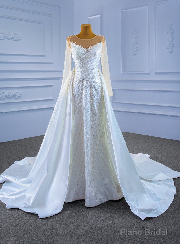 White Mermaid Satin Long Sleeve Pearls Beading Wedding Dress Main image