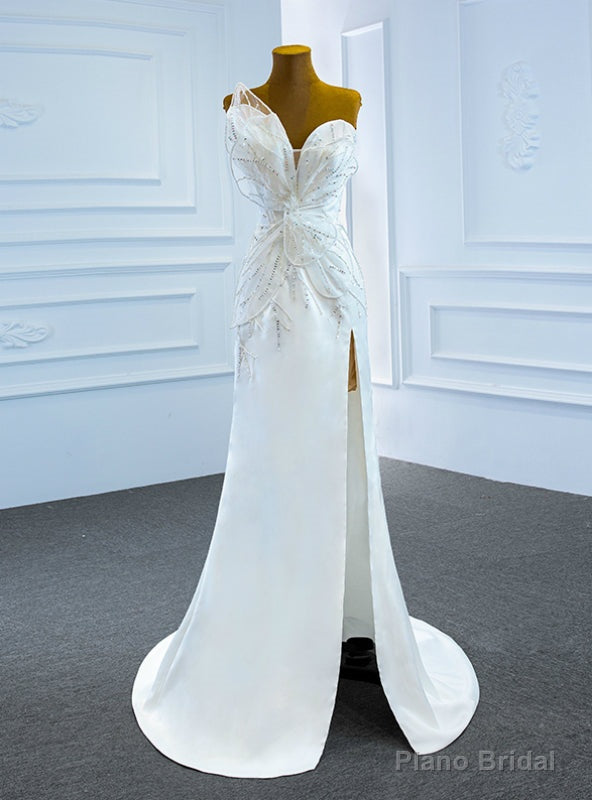 White Mermaid Satin One Shoulder Sequins Wedding Dress Main image