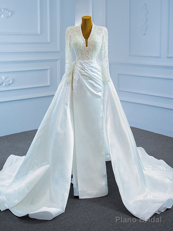 White Mermaid Satin Pearls Long Sleeve Wedding Dress Main image