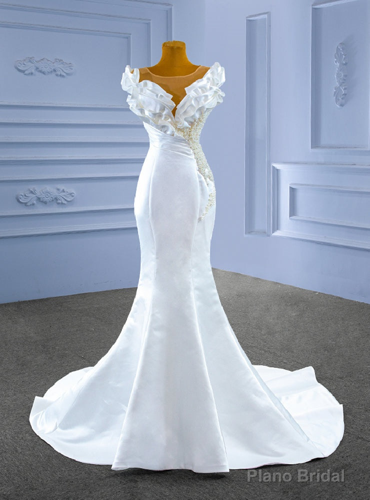 White Mermaid Satin Pearls Pleats Wedding Dress Main image