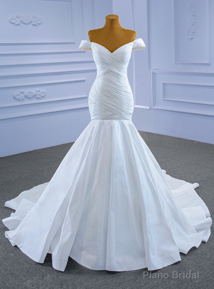 White Mermaid Satin Pleats Off the Shoulder Wedding Dress Main image