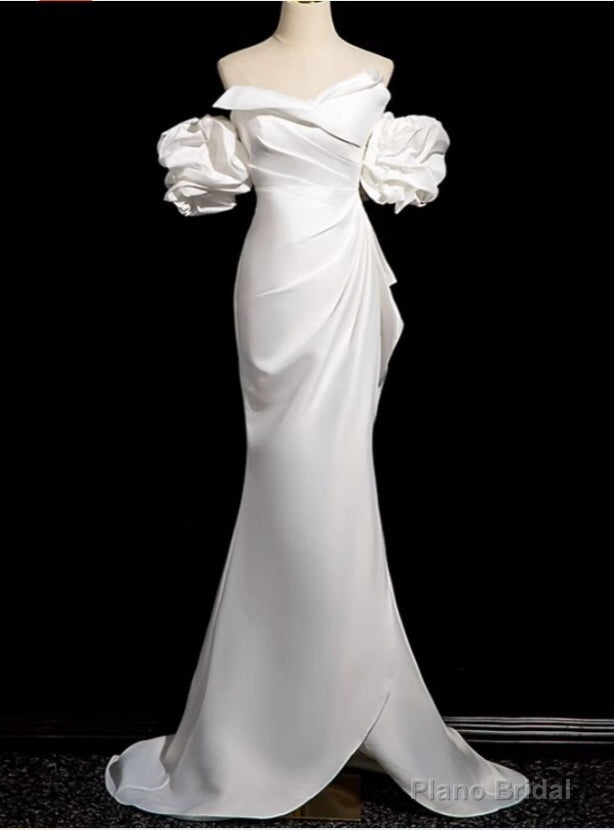 White Mermaid Satin Pleats Puff Sleeve Wedding Dress Main image