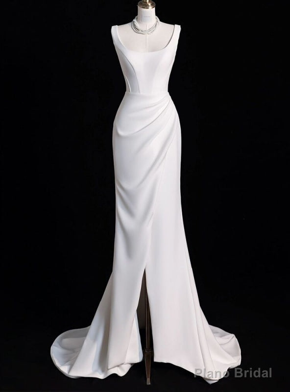 White Mermaid Satin Pleats Split Wedding Dress Main image