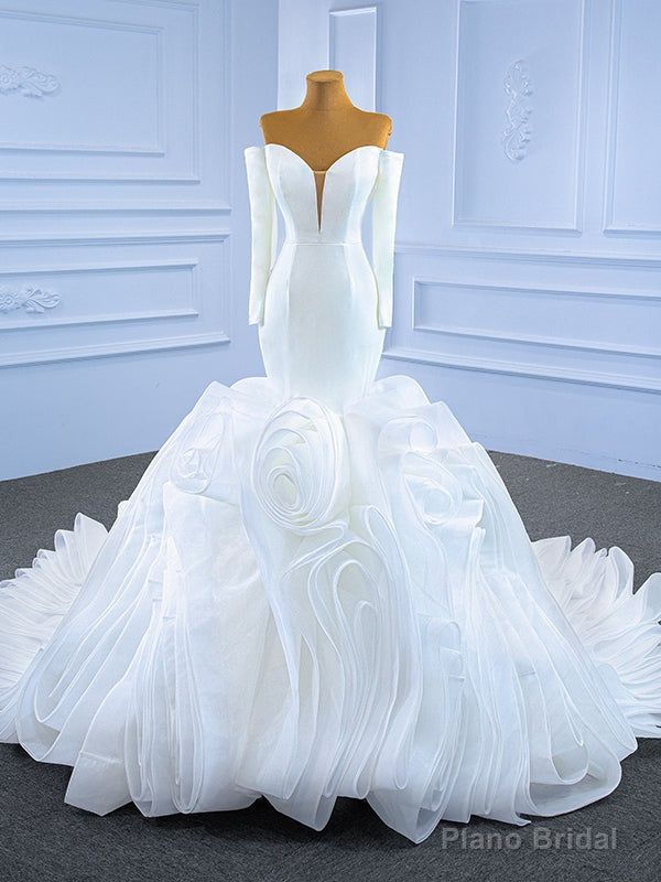 White Mermaid Satin Tulle Long Sleeve Wedding Dress Main image