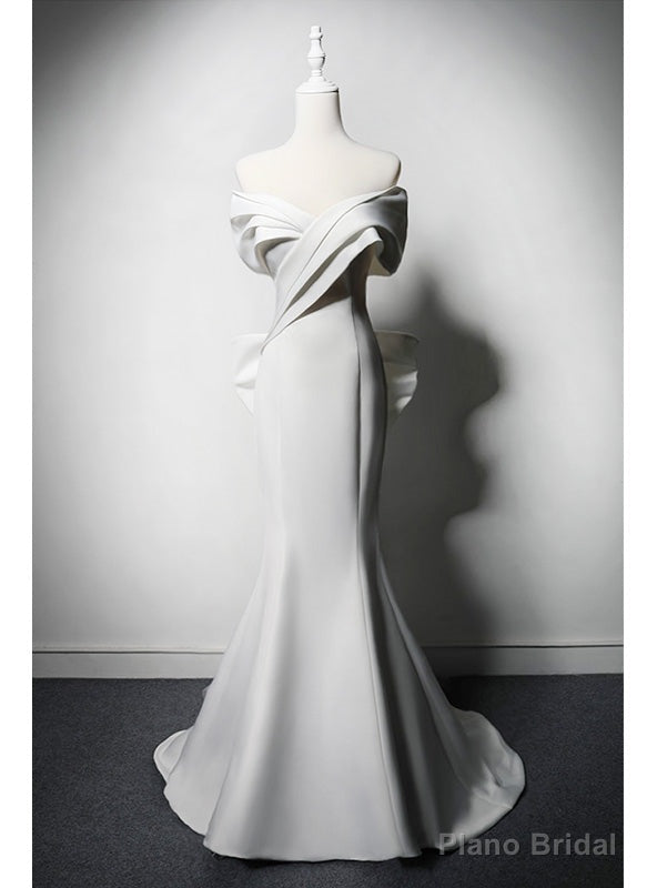 White Mermaid Satin Tulle Off the Shoulder Bow Wedding Dress Main image