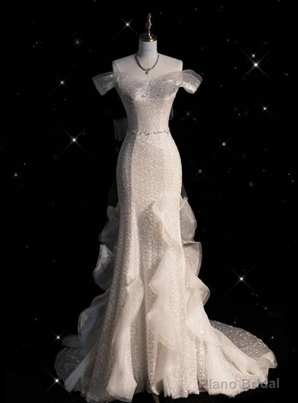 White Mermaid Sequins Off the Shoulder Wedding Dress Main image