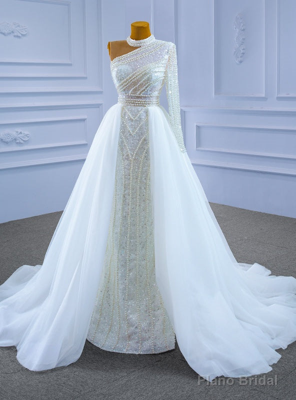 White Mermaid Seuqins Long Sleeve Pearls Wedding Dress Main image