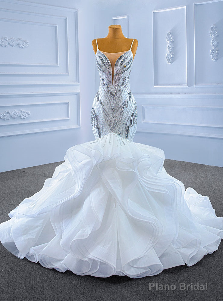 White Mermaid Spaghetti Straps Beading Crystal Wedding Dress