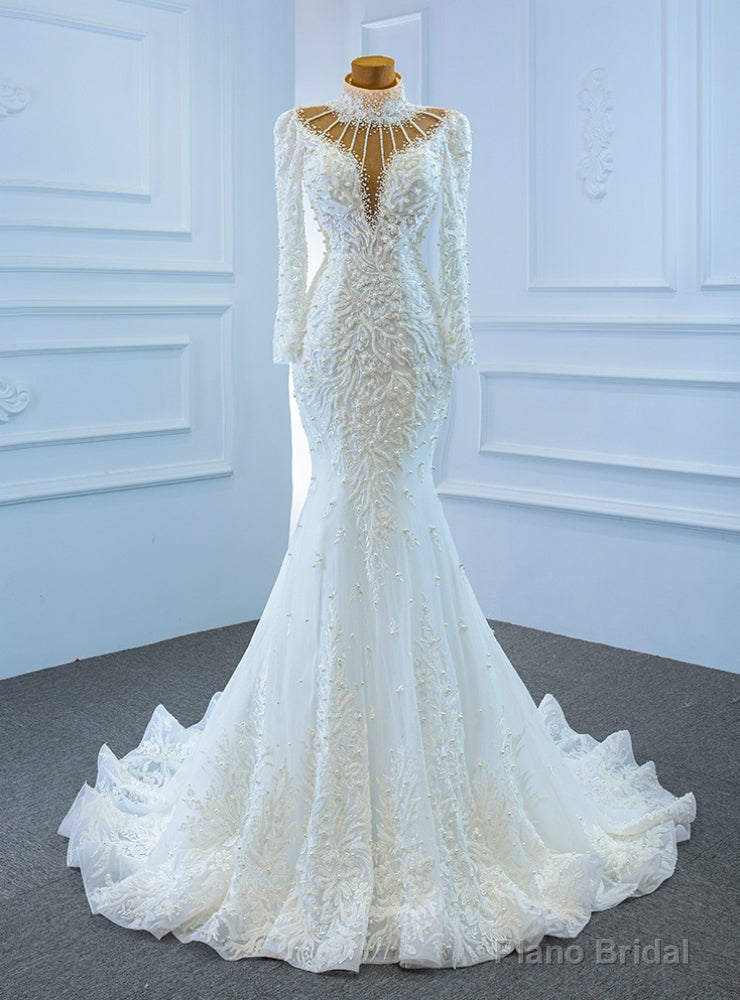White Mermaid Tulle High Neck Long Sleeve Appliques Wedding Dress