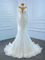 White Mermaid Tulle High Neck Long Sleeve Appliques Wedding Dress
