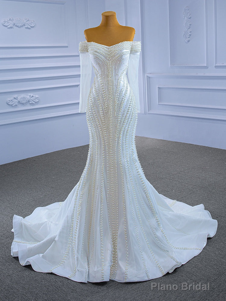 White Mermaid Tulle Long Sleeve Pearls Beading Wedding Dress Main image
