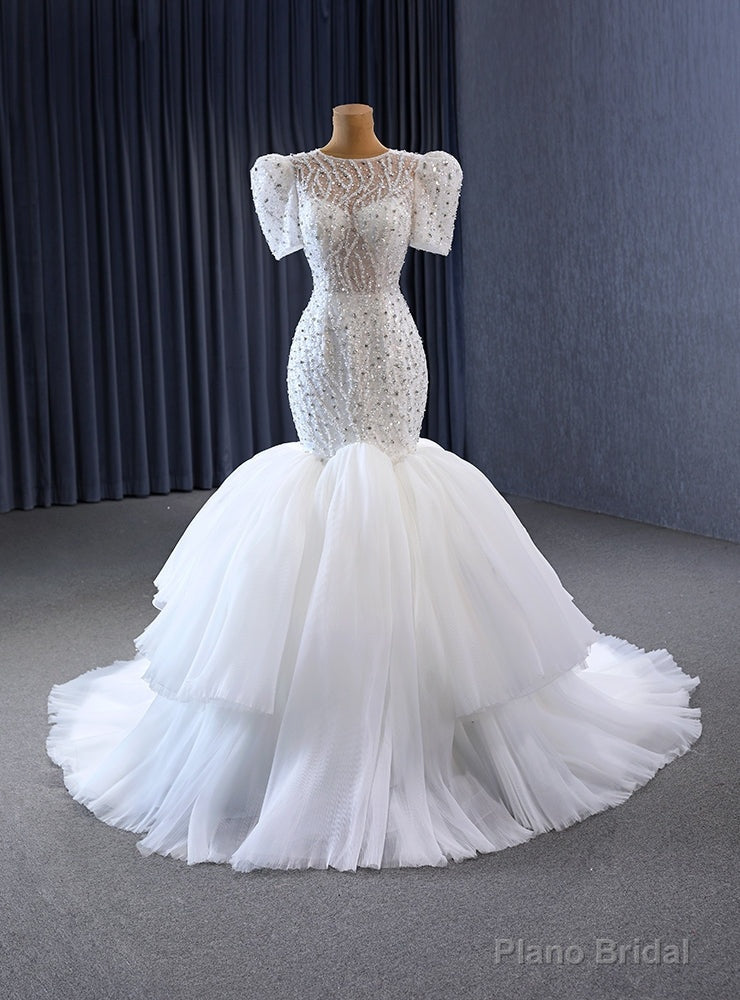 White Mermaid Tulle Short Sleeve Beading Wedding Dress Main image