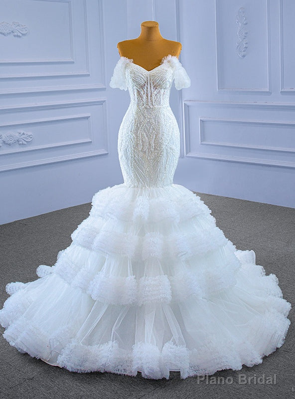 White Mermaid Tulle Sweetheart Appliques Beading Wedding Dress Main image
