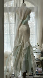 White Mint Green Romantic Fashion Elegant Delicate Beaded Lace Spaghetti Straps Long Tulle Chiffon Ruffle Ball Gown Formal Evening Gown Party Dresses