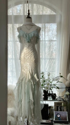 White Mint Green Romantic Fashion Elegant Delicate Beaded Lace Spaghetti Straps Long Tulle Chiffon Ruffle Ball Gown Formal Evening Gown Party Dresses