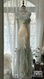White Mint Green Romantic Fashion Elegant Delicate Beaded Lace Spaghetti Straps Long Tulle Chiffon Ruffle Ball Gown Formal Evening Gown Party Dresses