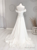 White Off Shoulder Flowers Long Wedding Dress, White Beach Wedding Dress