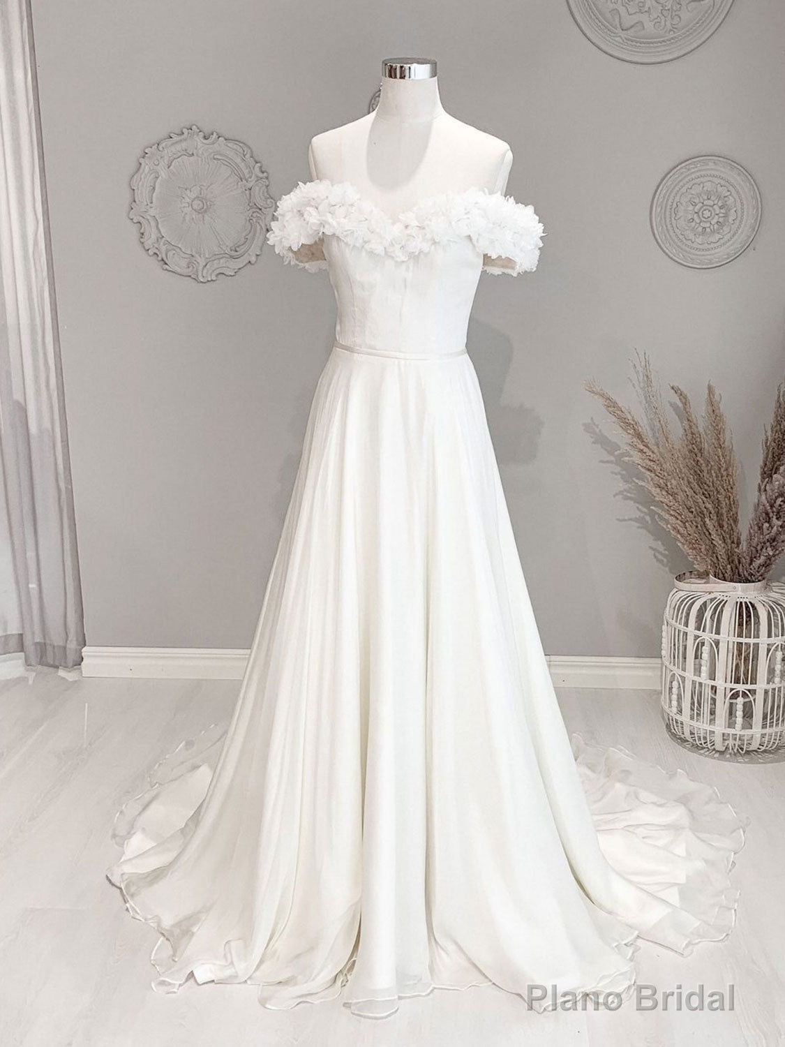 White Off Shoulder Flowers Long Wedding Dress, White Beach Wedding Dress Main image