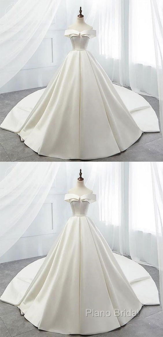 White Off Shoulder Satin Long Formal Prom Dresses, White Formal Dresses, White Wedding Dresses, White Formal Dresses Secondary image