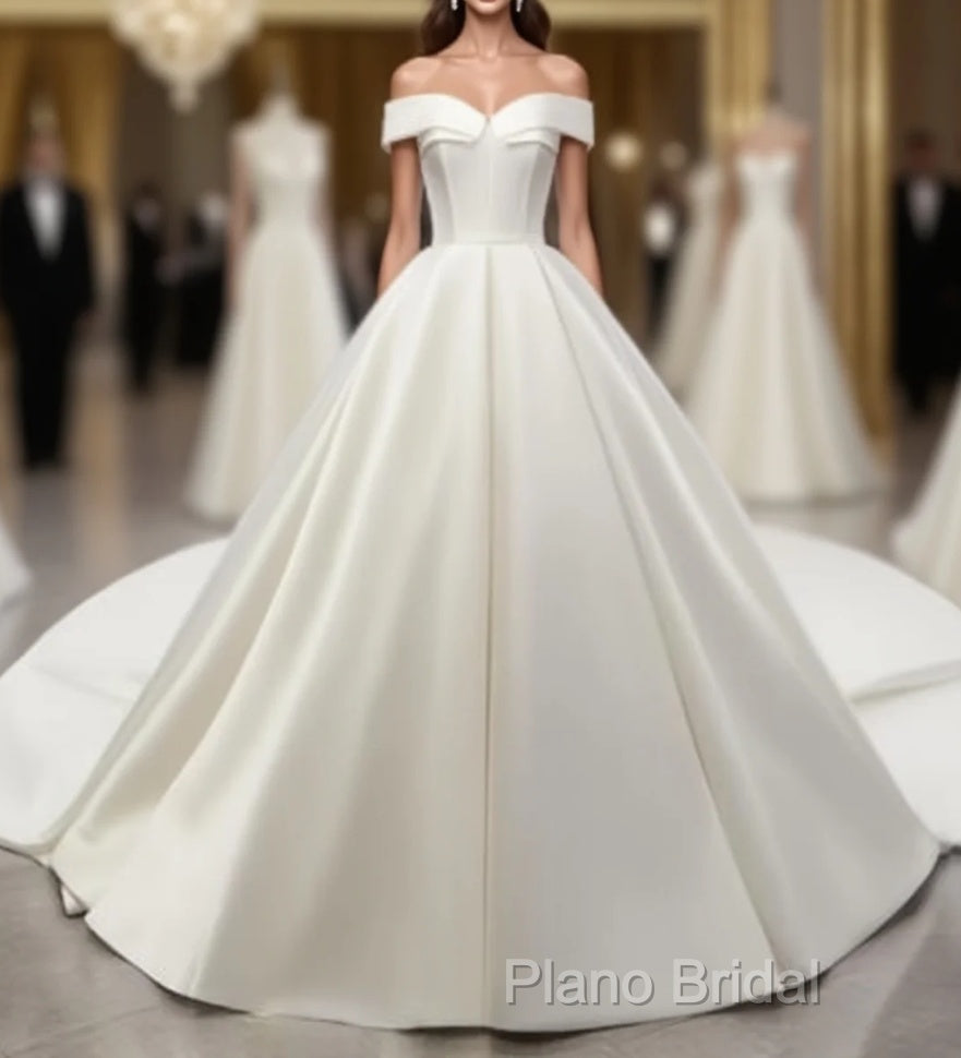 White Off Shoulder Satin Long Formal Prom Dresses, White Formal Dresses, White Wedding Dresses, White Formal Dresses Main image